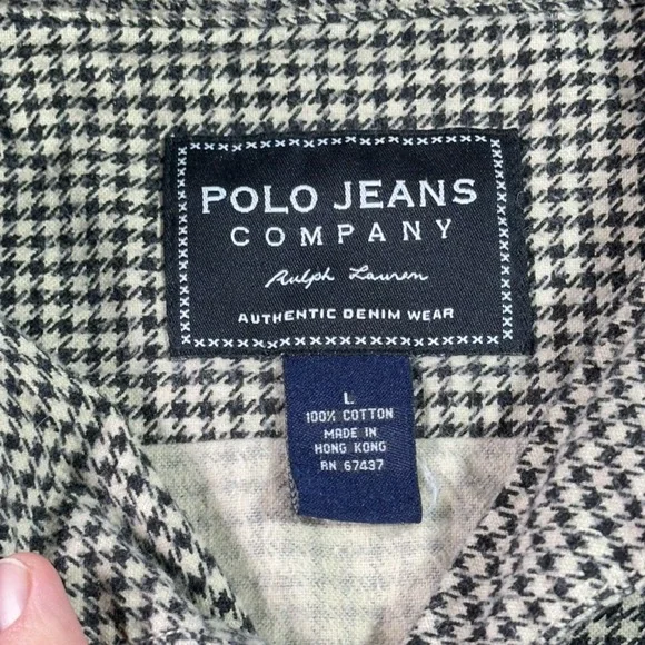 Vintage Polo Ralph Lauren Flannel Shirt Large Beige Houndstooth Loop Collar Camp